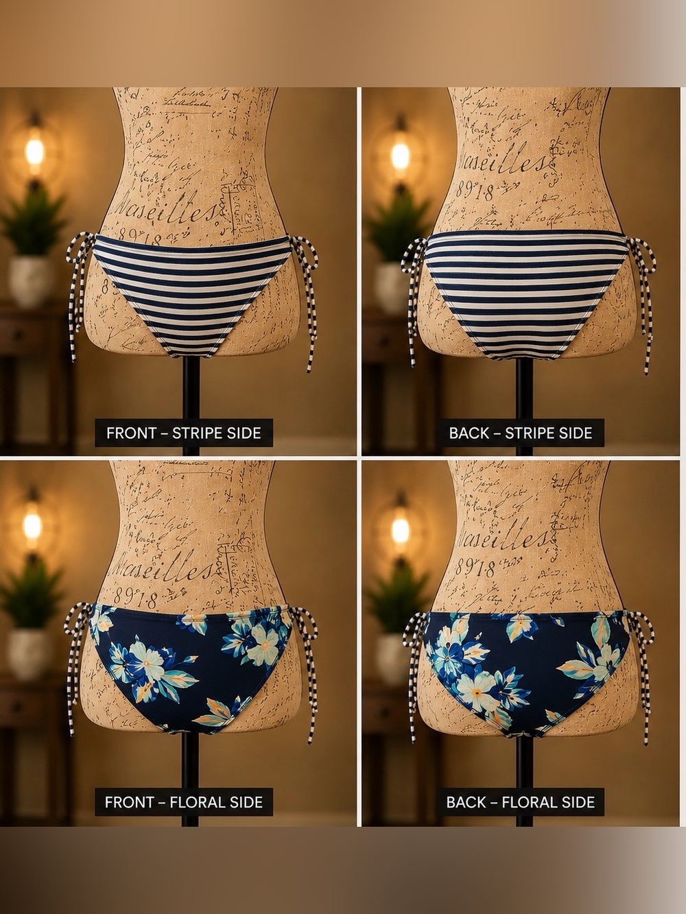 Carve Designs Reversible Floral Stripe Side Tie Bikini Bottom Small